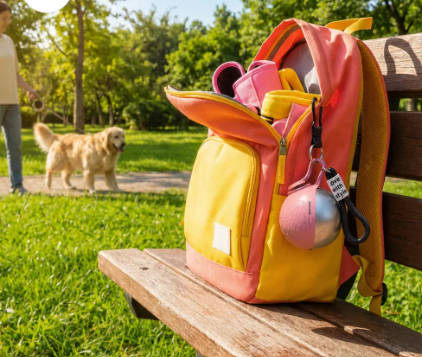 Dog walk in the park with SnoutSip canteen on backpack